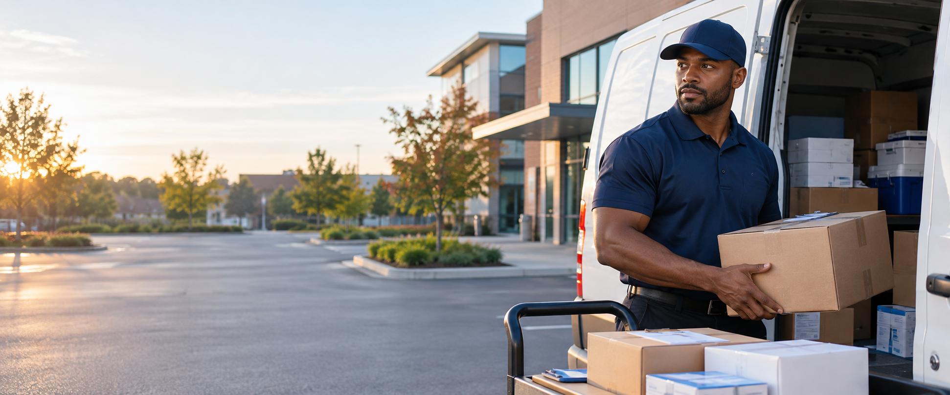 Professional courier preparing packages beside a delivery van